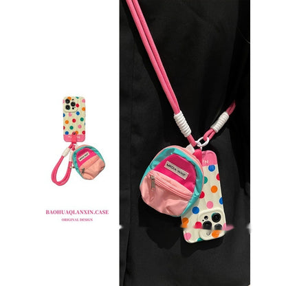Color Polka Dot Small Bookbag Phone Case Carrying Strap Crossbody